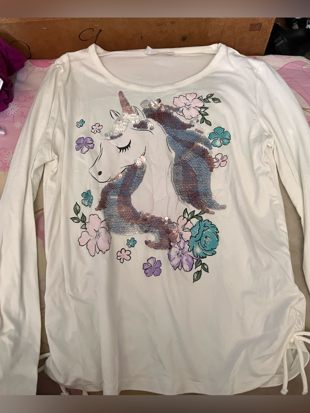 Beautees White Long Sleeve Unicorn Sequin Top with Pastel Flowers